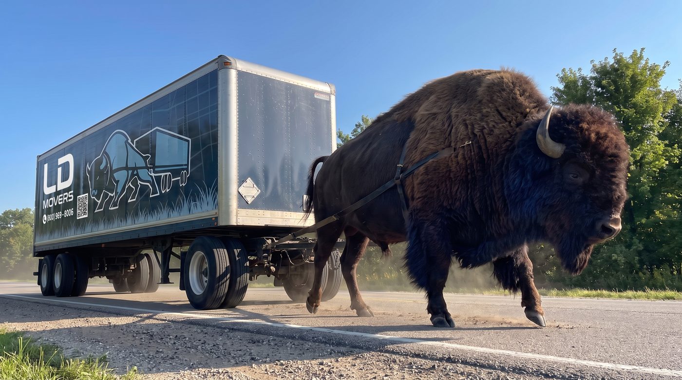 LD Movers bison-branded trailer loaded for an interstate cross-country relocation on the open highway