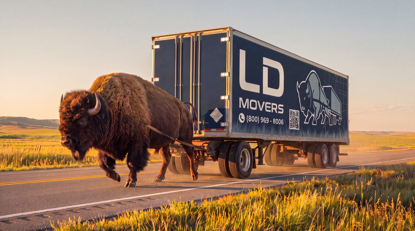 LD Movers trailer crossing open country at sunset for a Chicago to Savannah move