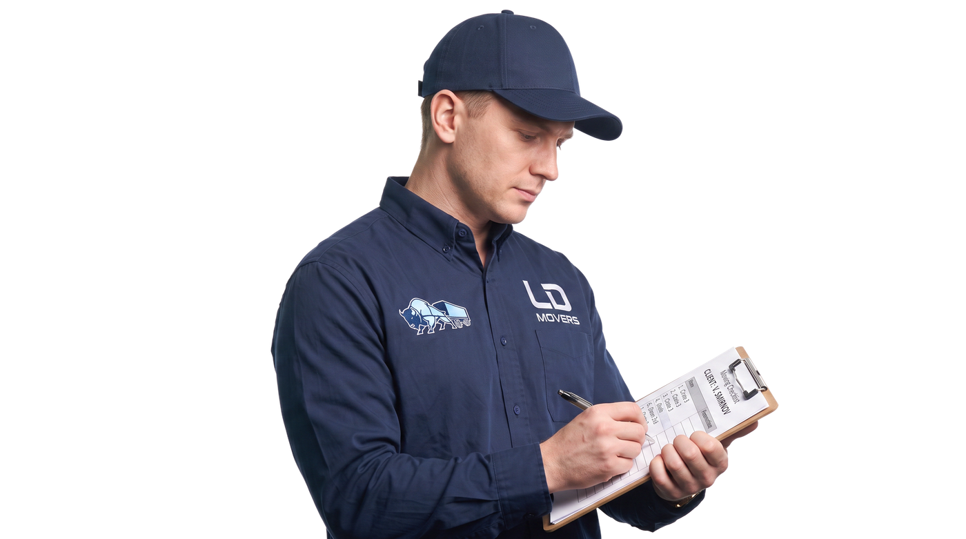 Coordinator checking inventory items before a long-distance load for a Chicago to Dallas move