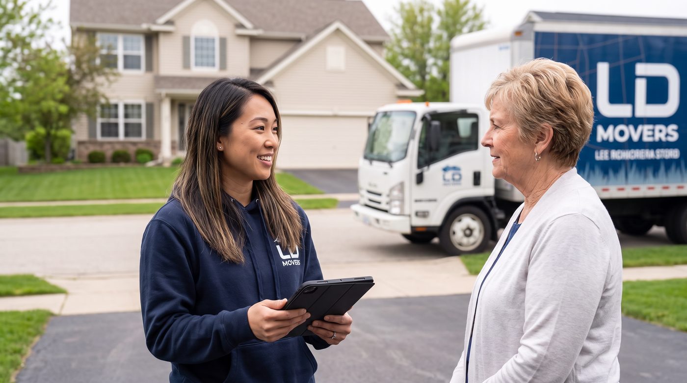 LD Movers estimator consulting a customer at the driveway for a Chicago to Boston move
