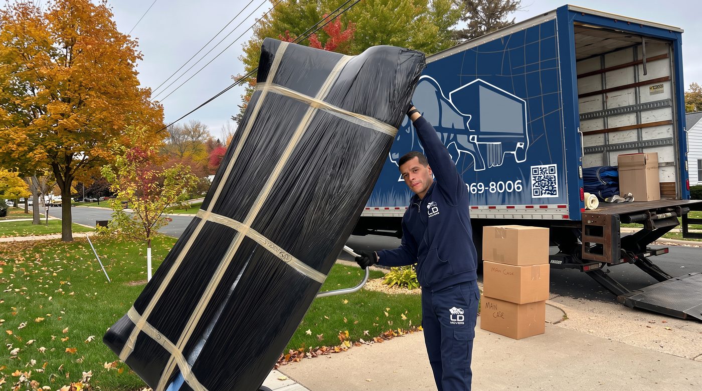 Crew loading wrapped furniture onto an LD Movers truck — Chicago to Seattle long-distance moving