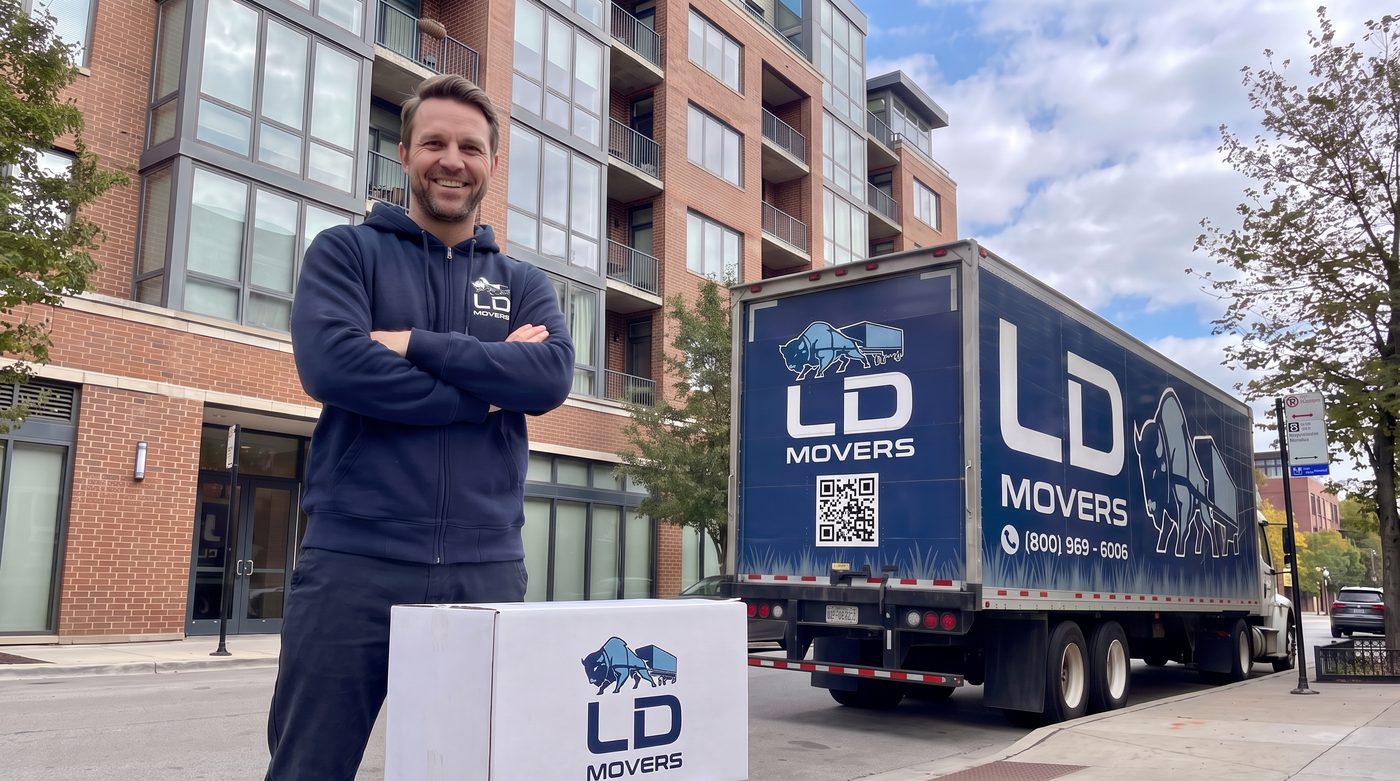 LD Movers truck staged on a city street before pickup for a Chicago to Augusta move