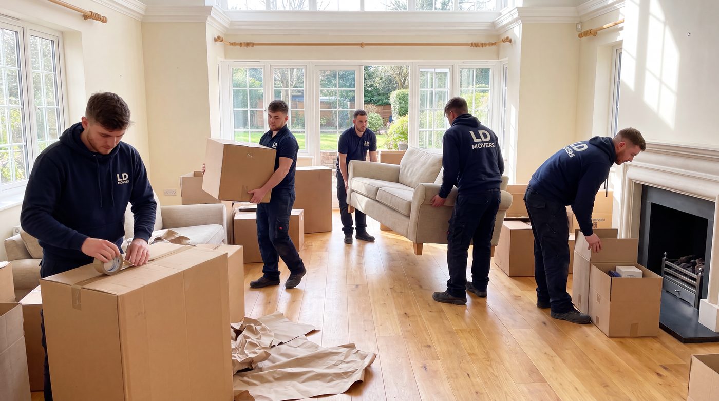 Five-person LD Movers packing crew in a living room for a Chicago to Colorado Springs move