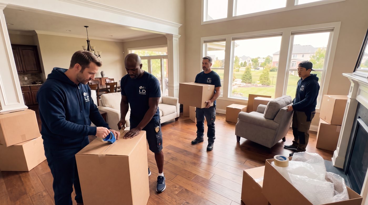 Crew packing cartons in a living room before transit for a Chicago to Richmond move