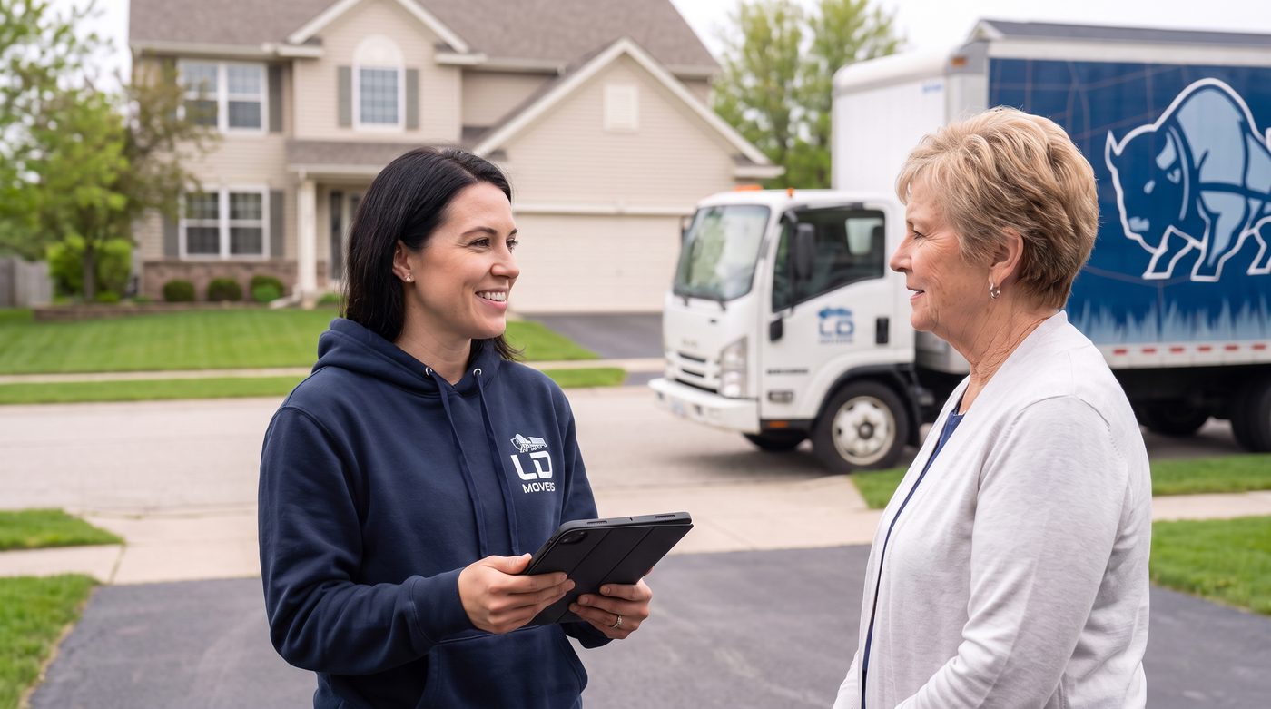 Tablet estimate consultation on a residential driveway for a Chicago to New York move