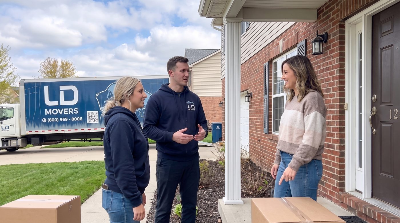 LD Movers crew discussing move details on a front porch for a Chicago to Phoenix move
