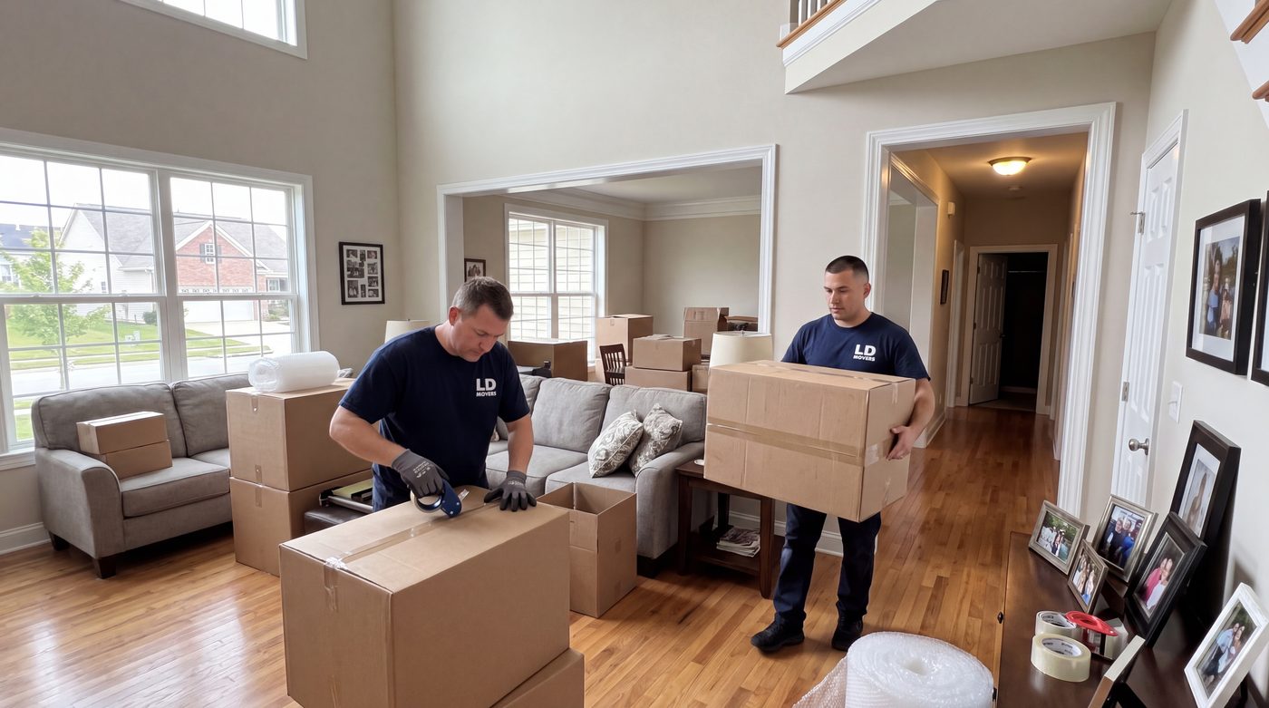 Packing crew sealing cartons before the truck loads — Chicago to Augusta long-distance moving