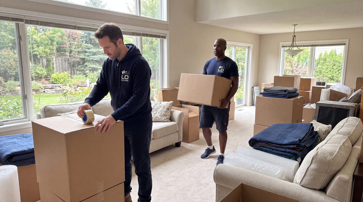 Movers taping and carrying boxes through a home for a Chicago to Denver move