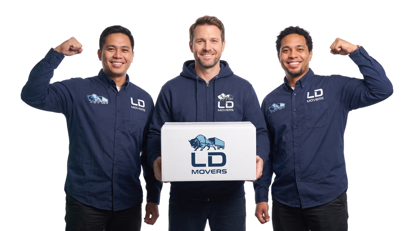 LD Movers crew with a branded box at pickup for a Chicago to San Francisco move