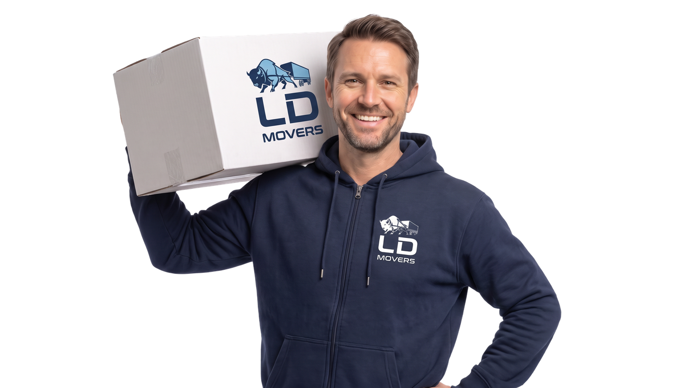 LD Movers crew member with a branded box at pickup for a Chicago to Atlanta move