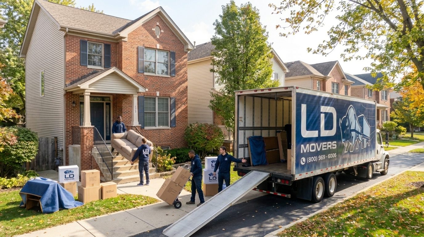LD Movers crew carrying boxes during a local move