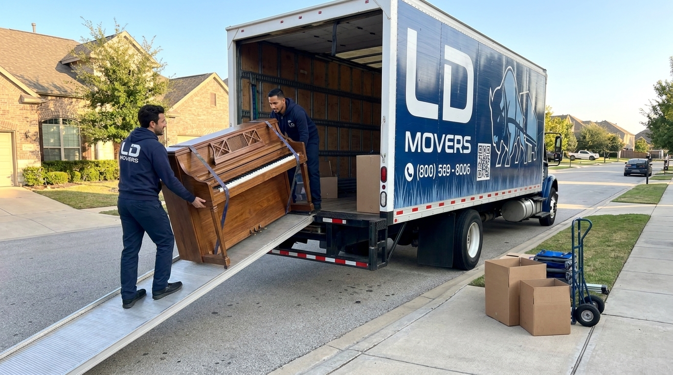 LD Movers specialty crew moving a wrapped upright piano up a truck ramp