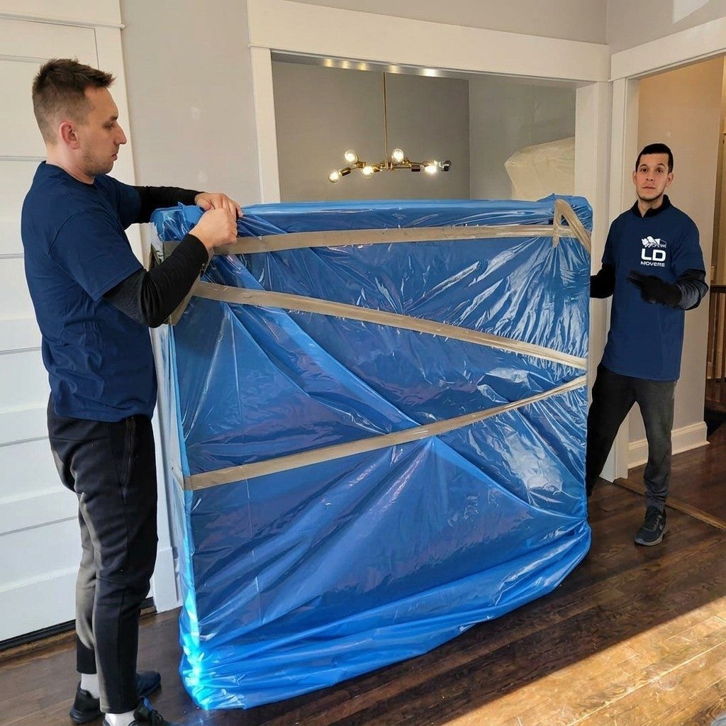 LD Movers specialty crew using professional equipment to safely move an upright piano wrapped in protective blankets