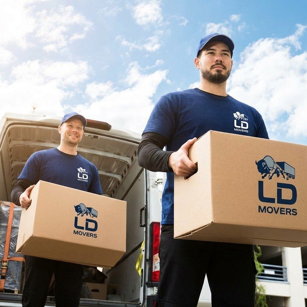 LD Movers van and stacked moving boxes at pickup for a Chicago to Worcester move