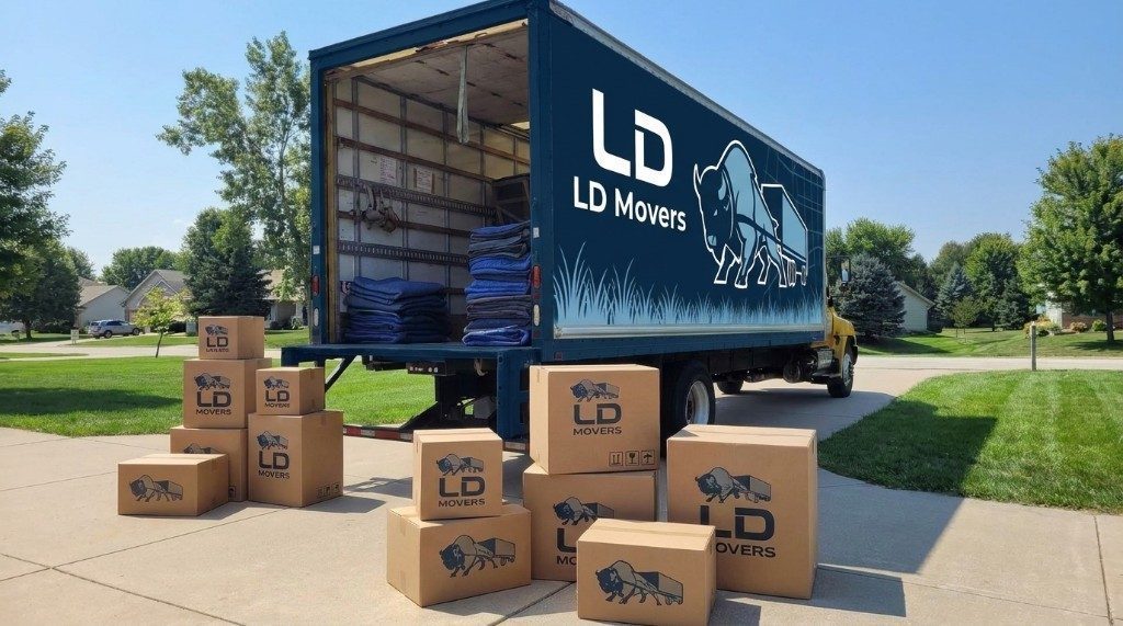 Moving truck parked in a driveway with labeled boxes for a Chicago to Springfield move